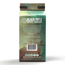 Ground coffee bag back: Black Rifle Blackbeard's Delight, ground coffee details, 12 oz