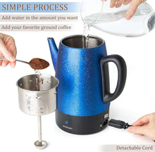 Blue electric coffee percolator with black base and detachable power cord shown