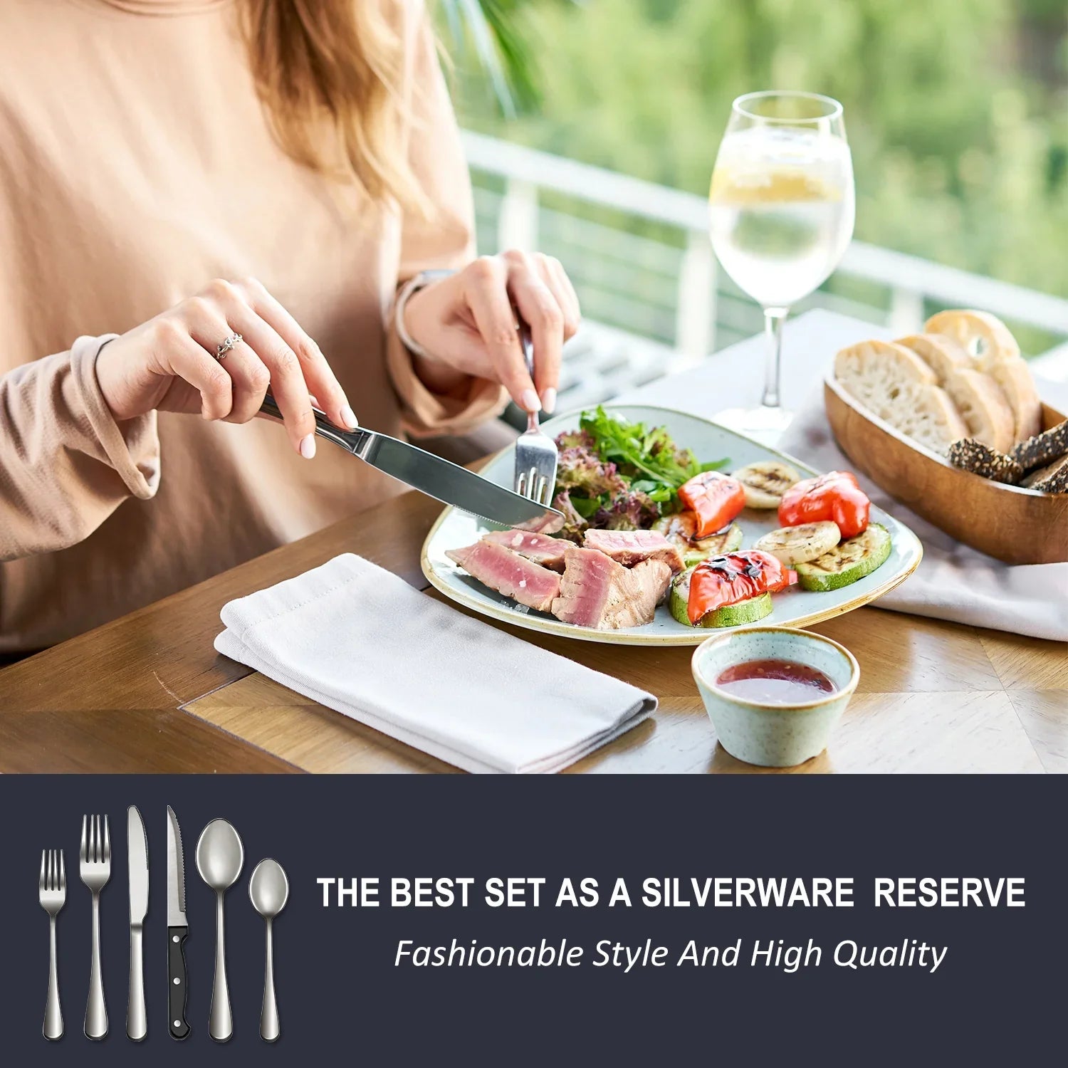 Bluebow Silverware Set with Steak Knives, Flatware Cutlery Set for 4, Food-Grade Stainless Steel Kitchen Tableware Set