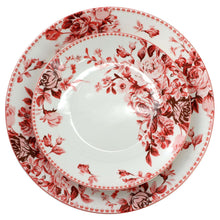 Red rose stoneware dinner plate with floral center and patterned rim