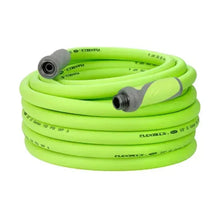 Coiled lime-green garden hose with gray end fittings, 5/8 in hose