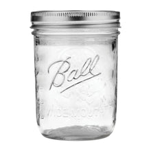 Clear Ball wide-mouth mason jar with metal lid, empty and embossed