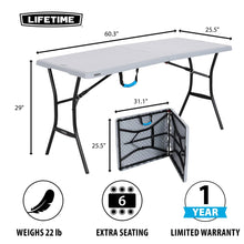 Gray folding rectangle table with black legs, underside hinge and support visible.