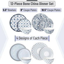 Ceramic dinnerware set: blue-and-white floral bowls and coupe plates, 12 pcs