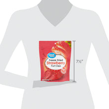 Freeze-dried strawberry crisps pouch held on white shirt model, 7½ size shown