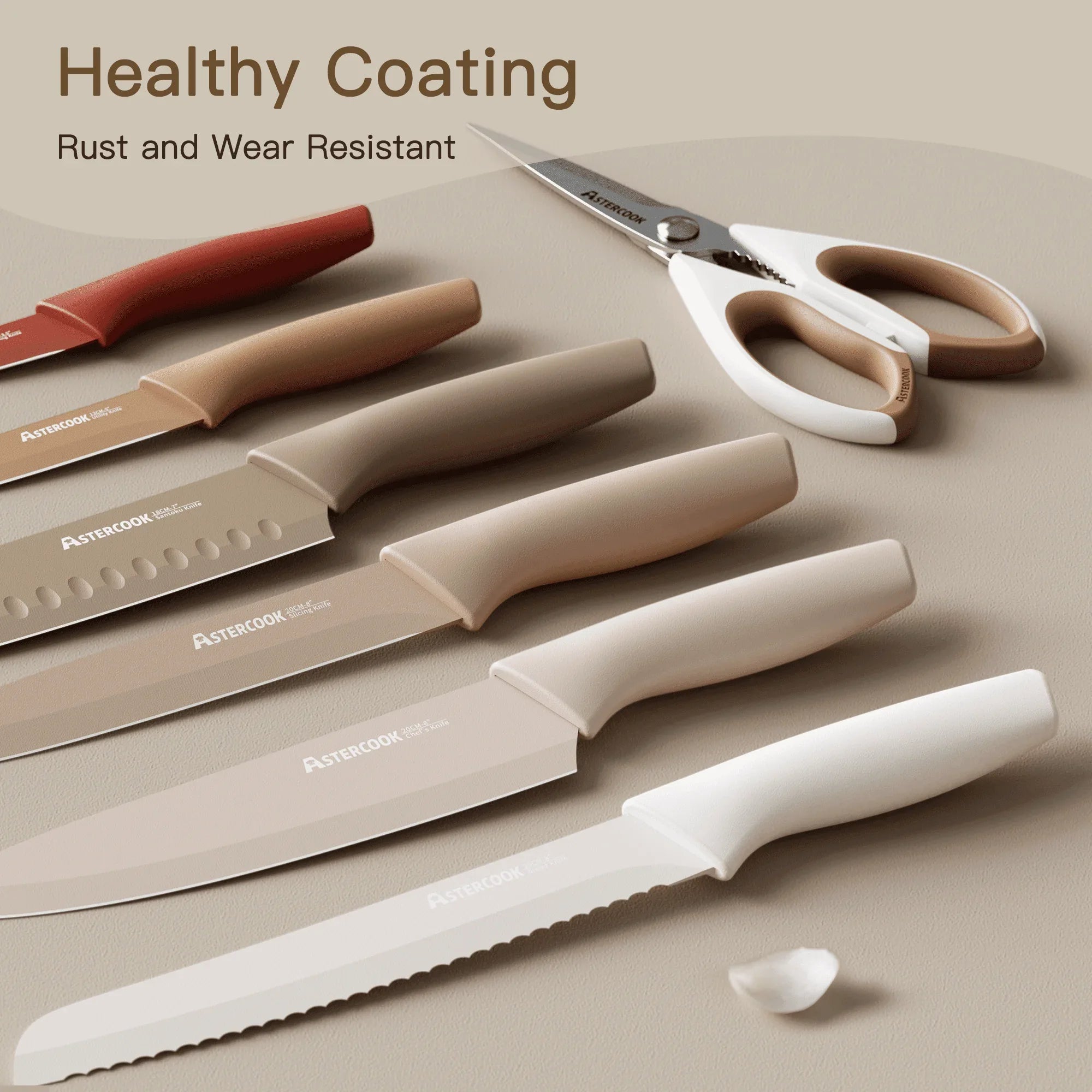 Astercook 7 Pieces Kitchen Knife Set, Knives Set with Anti-Rust Coating, Stainless Steel Chef Knife Sets with 6 Blade Guards Dishwasher Safe
