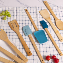 Bamboo kitchen utensil set with blue silicone heads, assorted spoon and spatula tools