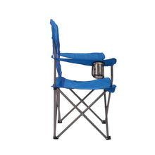 Blue mesh camping chair with cupholder holding a metal cup