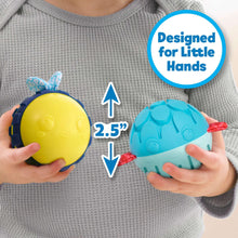 Sensory balls for little hands, shown in yellow and blue textured sizes