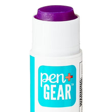 Pen+Gear glue stick close-up with turquoise label and purple cap