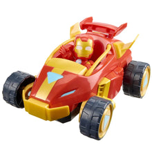 Red and yellow 2-in-1 mech vehicle toy with seated figure and four wheels