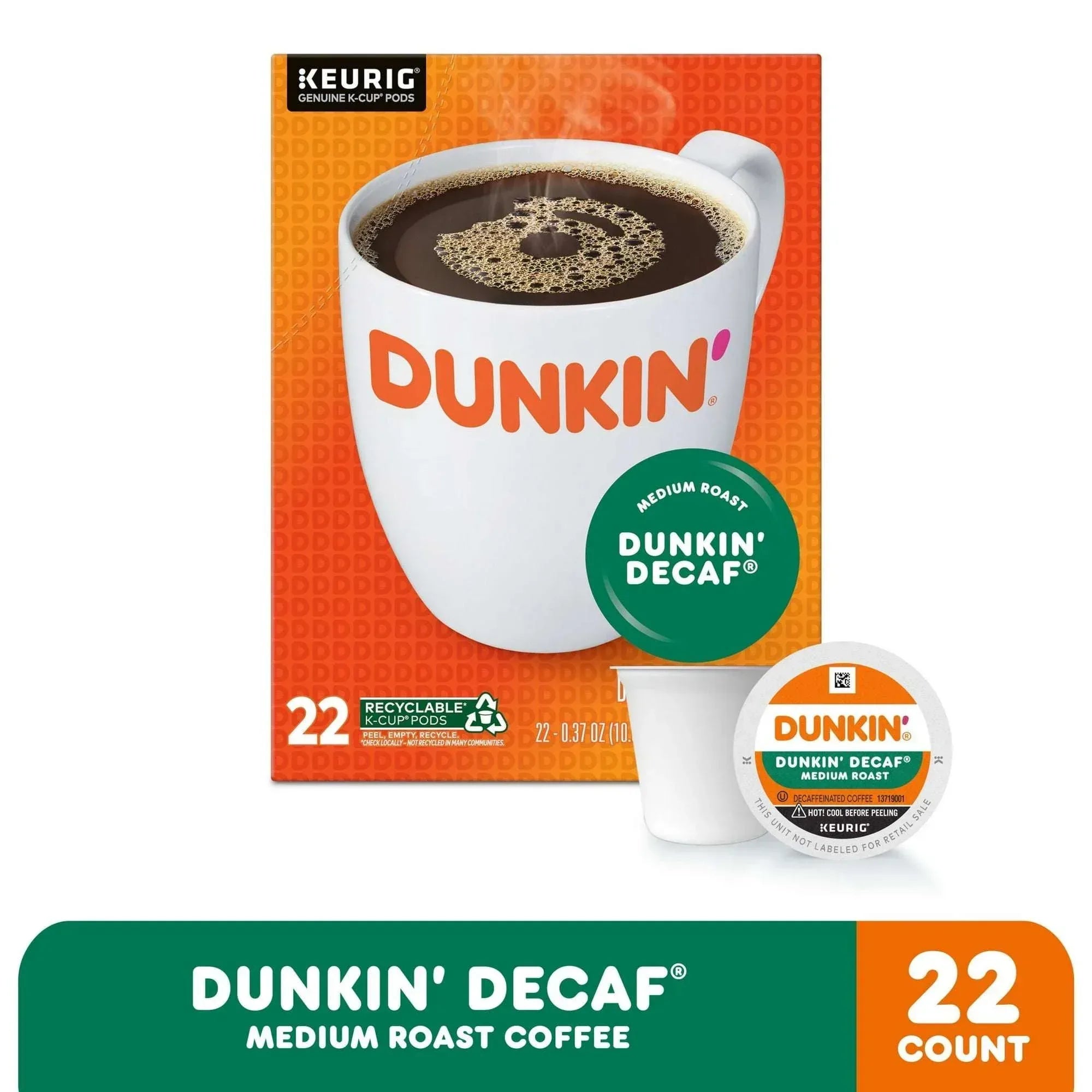 Dunkin’ Decaf Medium Roast Coffee, Keurig K Cup Pods, 22 Count Box