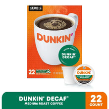 Dunkin' Decaf Medium Roast coffee box with K-cup pod and 22 count badge