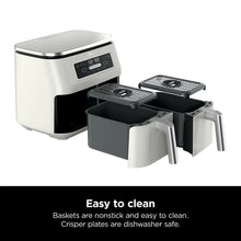 White air fryer with two removable nonstick baskets and crisper plate inserts