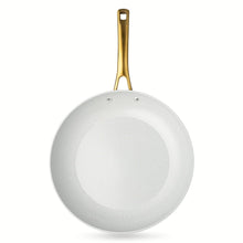 White speckled non-stick skillet with gold handle