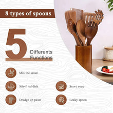 Wooden cooking utensil set in holder, multiple spoon and spatula heads arranged.