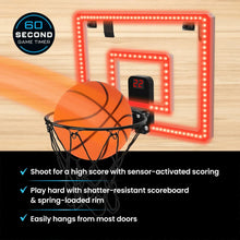 Over-the-Door basketball hoop with LED frame, digital score display, and orange ball