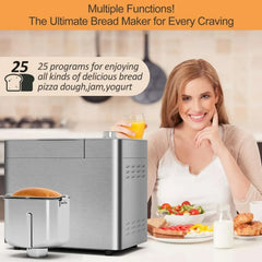 Bluebow 25-in-1 Bread Maker, 2LB Bread Machine with Auto Fruit/Nut Dispenser, Gluten-Free Setting, Keep Warm&13H Delay Timer, Stainless Steel