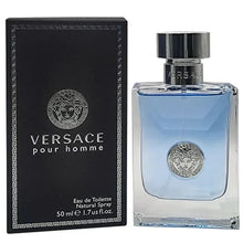 Versace Pour Homme Eau de Toilette bottle with silver cap beside black gift box