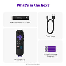 Roku streaming stick plus box contents: streaming stick, voice remote, cable, batteries