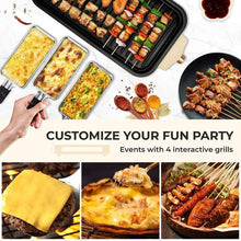 Beige indoor electric grill with small nonstick pans, grill grate, and cooked food pieces