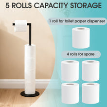 Black toilet paper holder stand with tall center post and base holding spare rolls