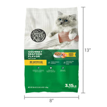 Dry cat food bag with gourmet seafood flavor front, shown with size 13 in by 8 in