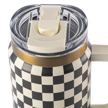 Cream-and-black check stainless steel tumbler lid with cream dual straw and clear rim
