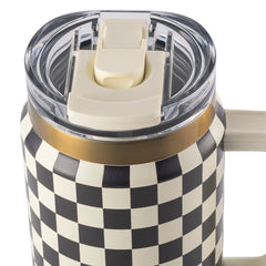 Thyme & Table 32 fl oz Stainless Steel Luna Tumbler with Handle and Dual Straw Lid, Cream & Black Check - USA MEGA SHOP