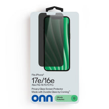 iPhone privacy glass screen protector retail package with onn logo and dark privacy glass