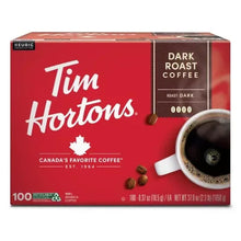 Tim Hortons dark roast coffee pod box, 100-count, red Keurig-compatible packaging