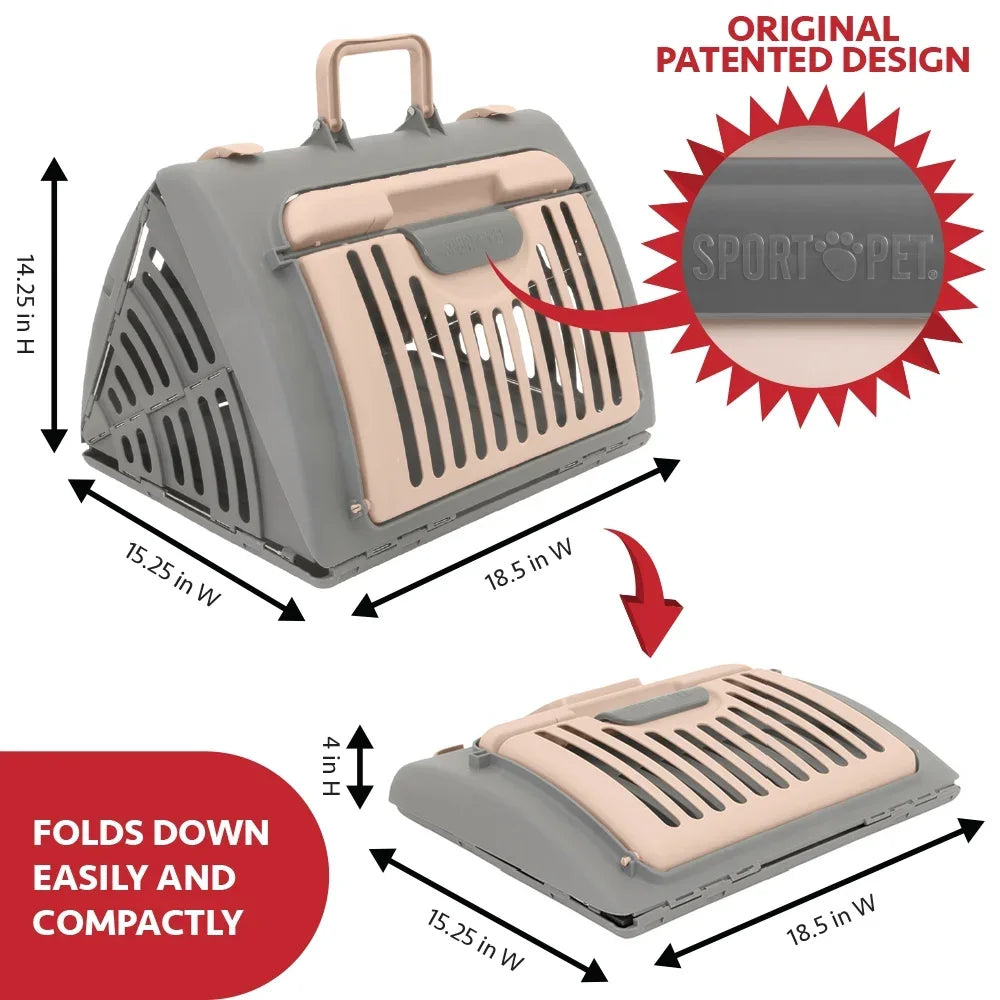 Sport Pet Designs Cat Carrier, Foldable Plastic, Medium, 25 lb Limit, Gray, 15.25" L x 18.5" W x 14.25" H - USA MEGA SHOP