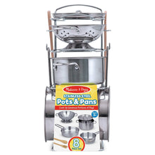 Boxed stainless steel pots and pans pretend play set with 8-piece metal cookware