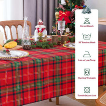 Red plaid tablecloth with care icons showing do not bleach, wash at 30°C