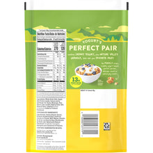 Granola pouch with nutrition facts panel, green top and yellow bottom