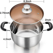 Stainless steel stock pot with glass lid, domed knob, and black side handles