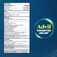 Pain relief cream drug facts panel with Advil Targeted Relief branding