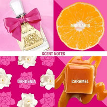Perfume bottle with magenta bow and gold charm, with Mandarin and Gardenia accents