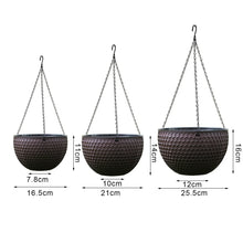 Self-watering hanging planter basket set, dark textured bowls with hanging chain and size markings