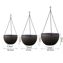 Self-watering hanging planters with chain hangers in dark, three basket sizes