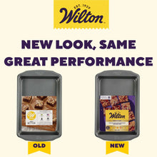 Oblong non-stick brownie pan packaging with two pan views and size labeling