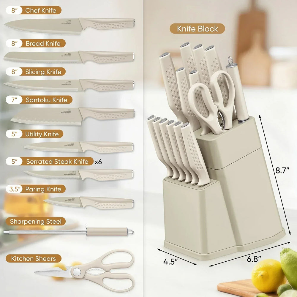 Vesteel Knife Block Set for Kitchen, 15-Piece High Carbon Stainless Steel Knives Set with Ergonomic Handle, Ultra-sharp & Rust Resistant - USA MEGA SHOP