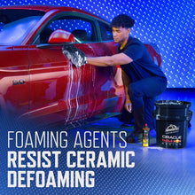 Foam spray on a red car door with detailing bottle and bucket nearby