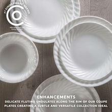 White coupe glass dinner plates, fluted rim design, set of dishes