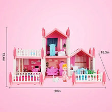 Pink princess dollhouse playset with size guides and multiple open rooms