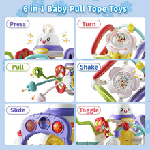 6-in-1 baby pull top toy with bunny button, shake, toggle, press, and slide parts