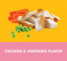 Chicken and vegetable flavor food visuals: chicken pieces, peas, and carrots