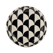 Black-and-white geometric oval ceramic low bowl with nesting pattern