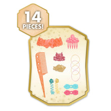 Styling set accessory sheet with 14 pieces: combs, clips, and hair ties