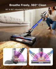 Cordless stick vacuum and floor roller brush cleaning bare wood flooring
